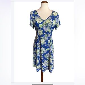 April Cornell blue and green floral print short sleeve dress Size small